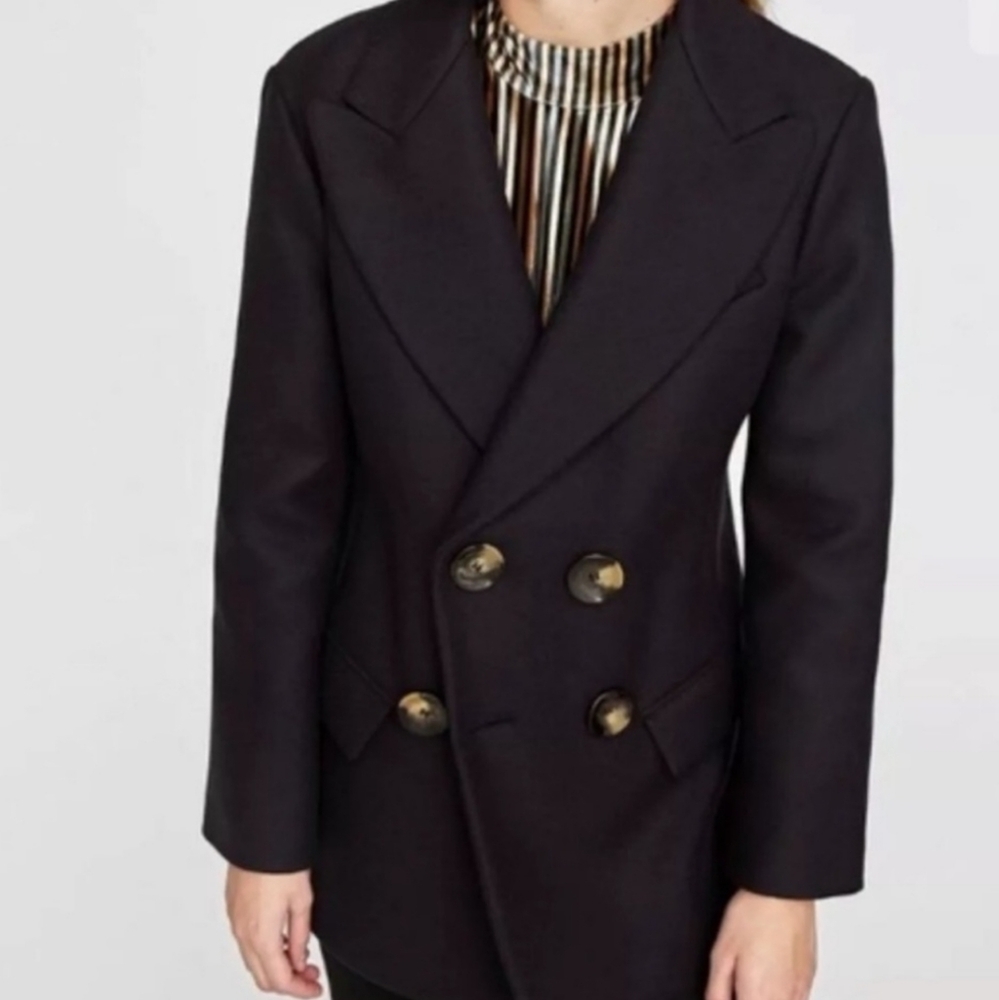 ZARA NAVY BLUE DOUBLE BREASTED WOOL COAT JACKET